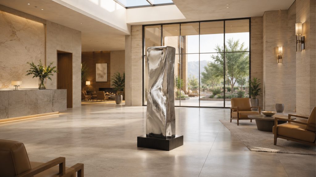 Art Consultancy Morocco service presentation showing a bespoke sculpture concept integrated into a luxury lobby interior design project.