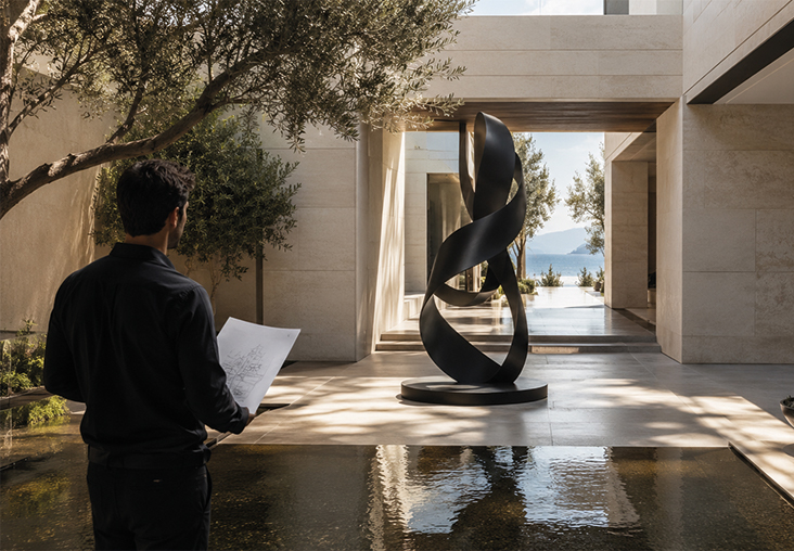 Art Consultancy Morocco showing a client consultation around a contemporary sculpture for artwork selection and luxury space planning.