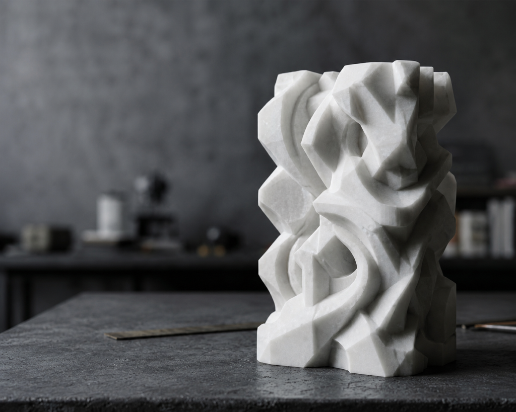 Art Consultancy Morocco showing a white sculptural maquette used for prototyping, material study, and bespoke sculpture development.