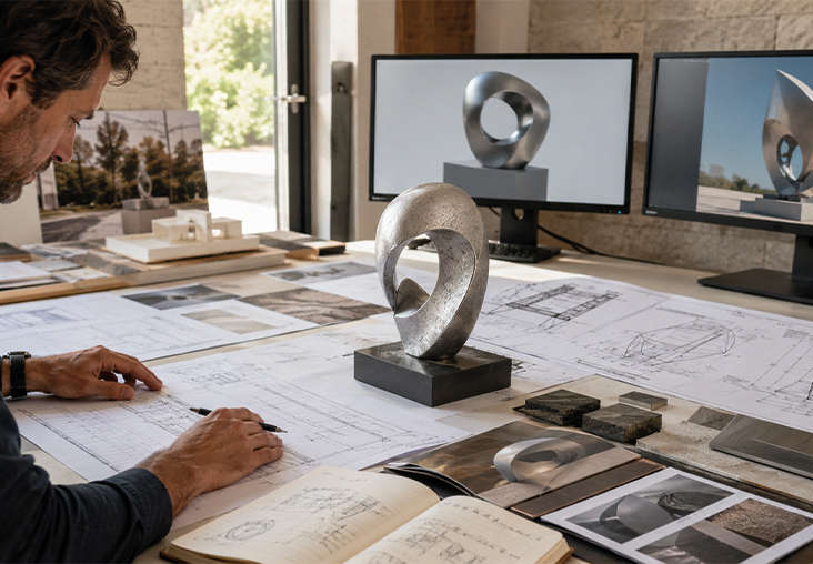 Art Consultancy Morocco presenting a consultant evaluating a contemporary outdoor sculpture integrated into a luxury architectural space.