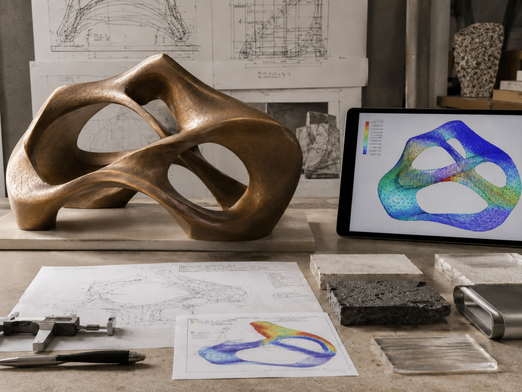 Bespoke Sculpture Morocco showing a bronze abstract sculpture with structural drawings, material samples, and engineering analysis.
