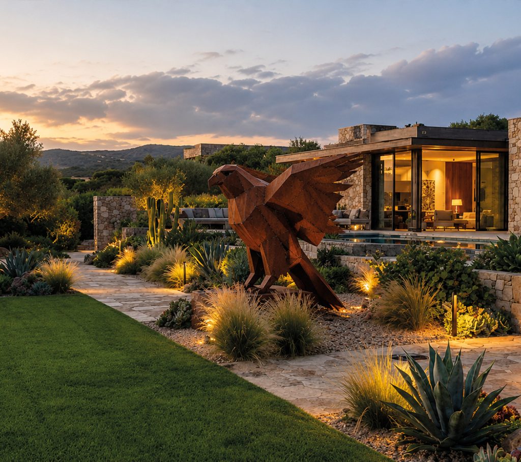 Bespoke Sculpture Morocco featuring a corten steel bird sculpture installed in a luxury villa garden at sunset.