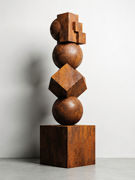Bespoke Sculpture Morocco featuring a tall geometric stacked sculpture with rust finish in a clean studio setting.