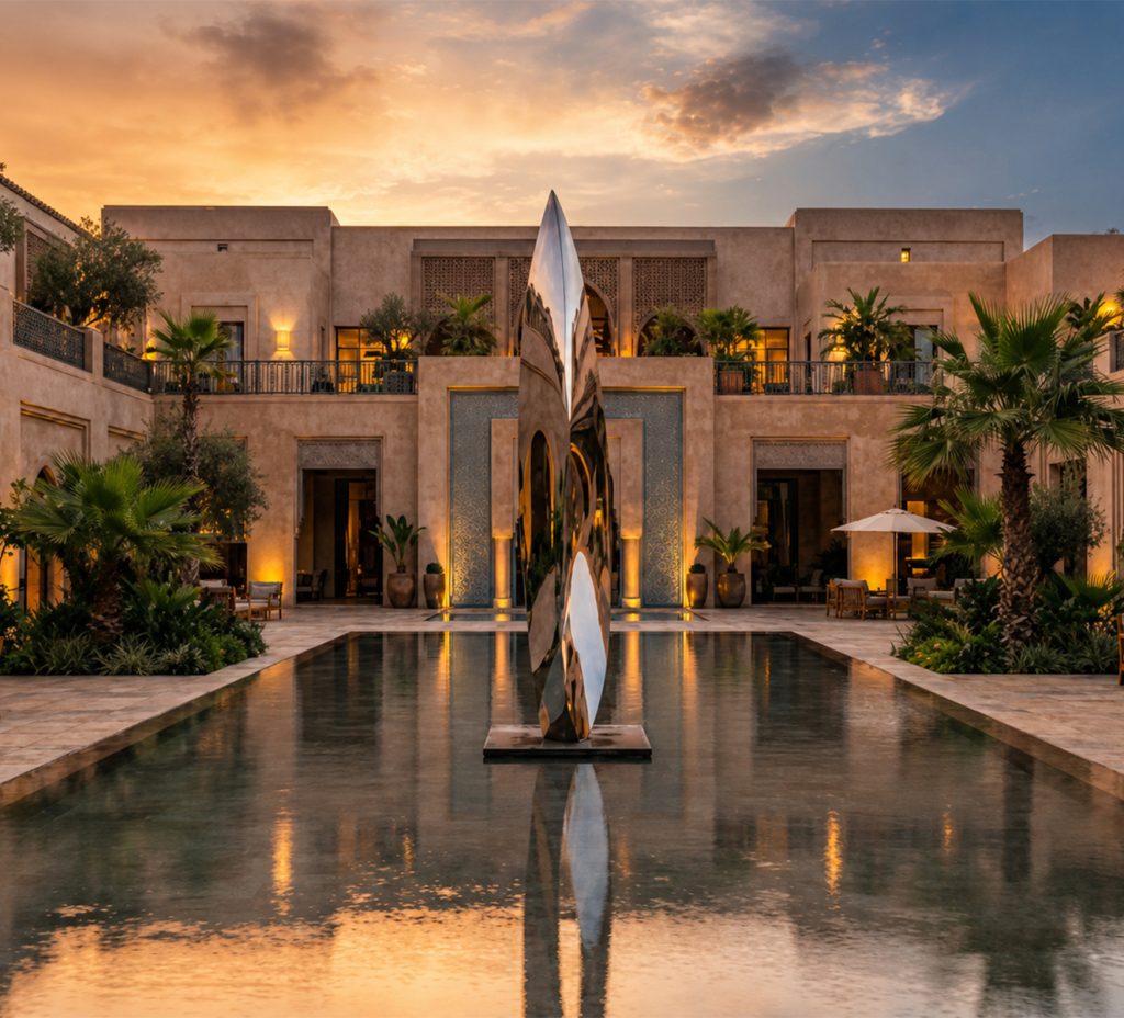 Bespoke Sculpture Morocco installed in a luxury hotel resort courtyard with a reflective pool and contemporary architectural design.
