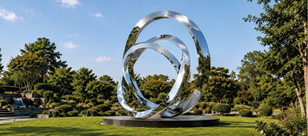 Bespoke Sculpture Morocco featuring a polished stainless steel ring sculpture installed in a luxury garden landscape.