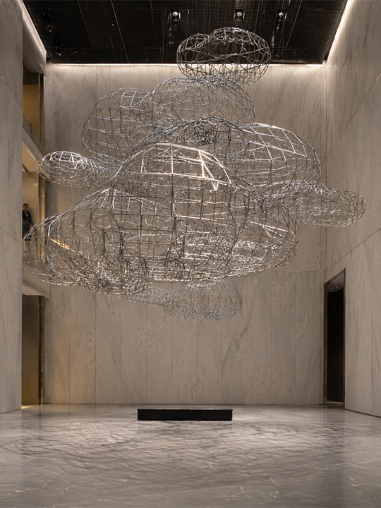 Bespoke Sculpture Morocco featuring a suspended wire cloud sculpture installed in a luxury interior architectural space.