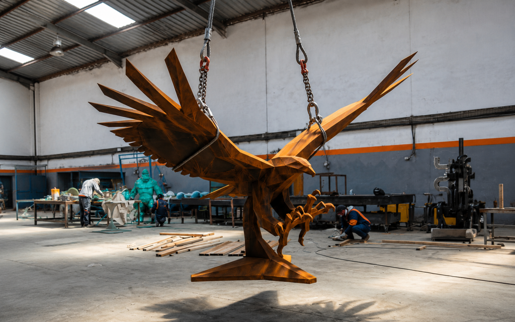 Bespoke Sculpture Consultation JOJMA sculpture workshop showing a large geometric eagle sculpture being lifted inside a production studio in Morocco.